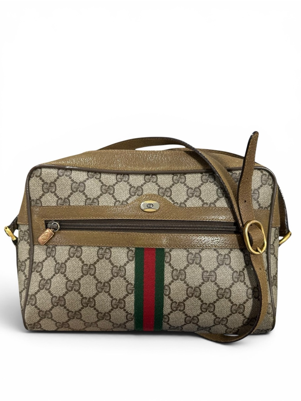 Gucci Tan GG Supreme Canvas & Leather Sherry Stripe Vintage Crossbody Bag